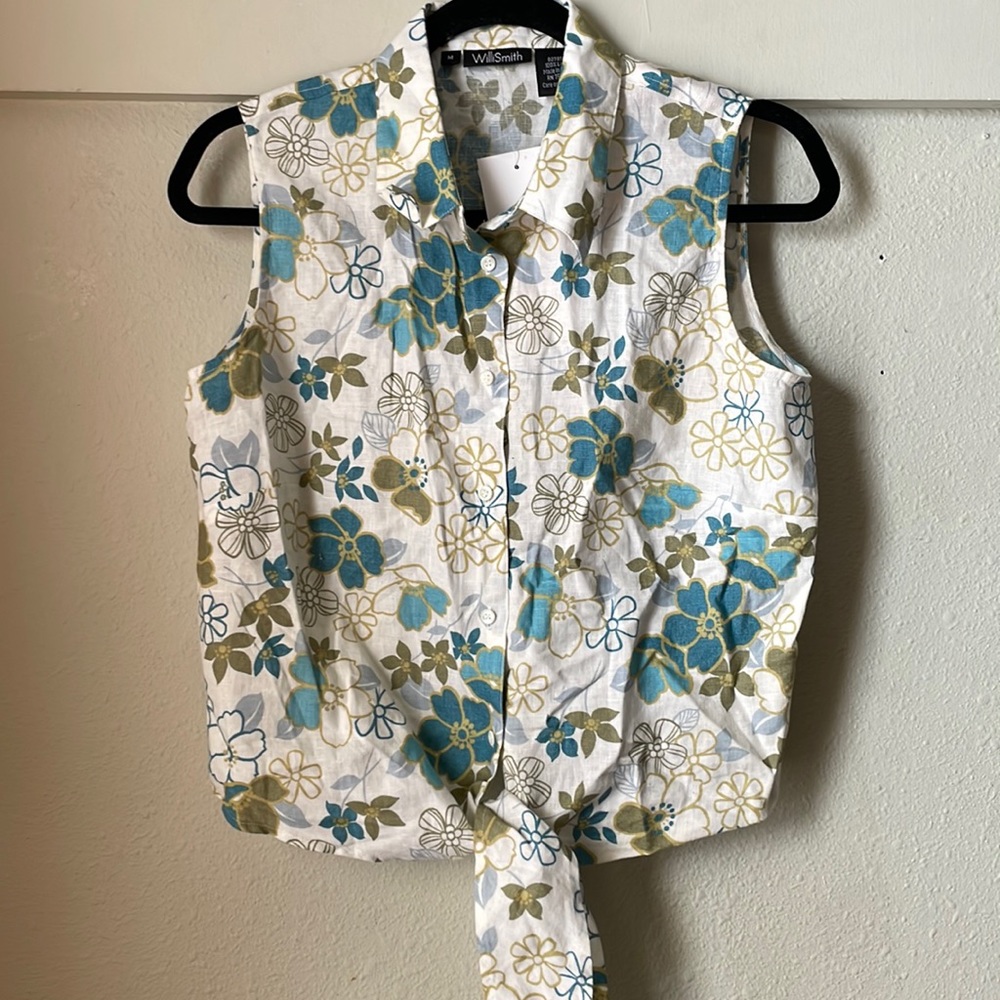 Vintage Willi Smith linen sleeveless button down cropped top with tie